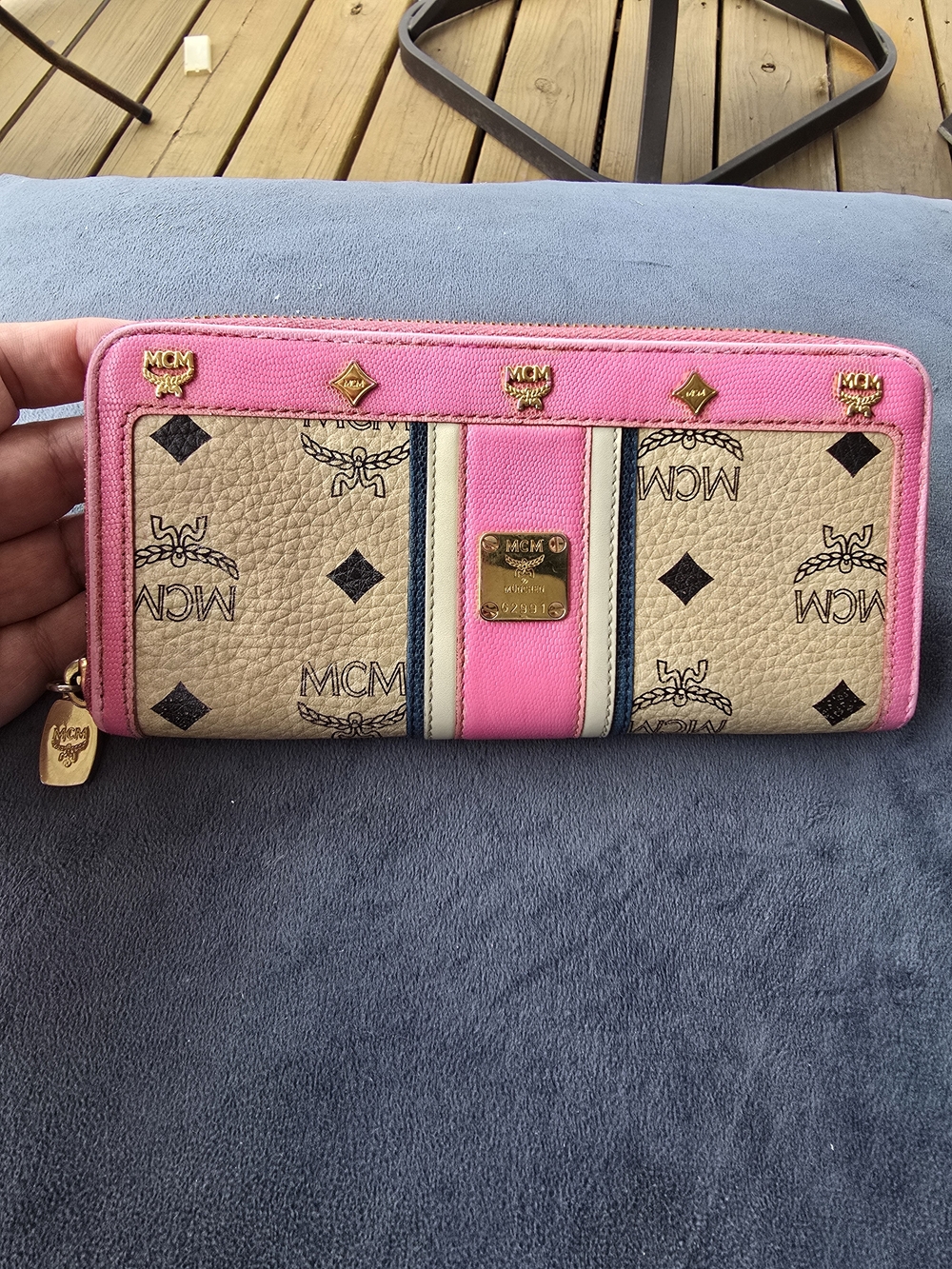 MCM Great Used Condition Pink-Trim Logo Zip Around Wallet w/Beige Monogram 8.4